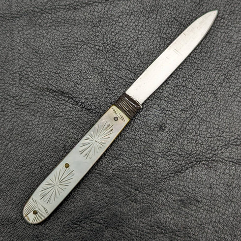 1818 British Antique White Pearl Shell Handle Pure Silver Blade Folding Pen Knife